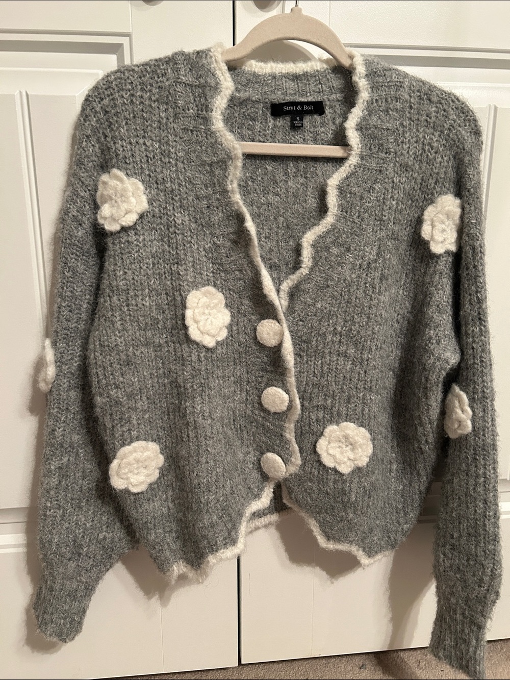 Soft Gray Floral Trim Cozy Cardigan